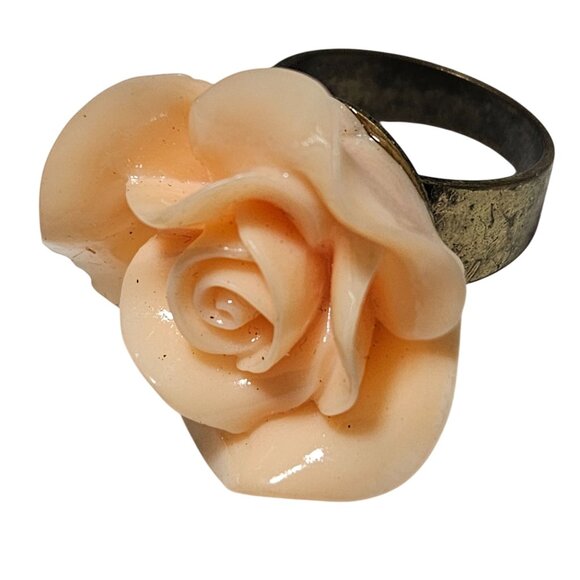 Vintage Peach Rose Ring Resin Flower Antique Brass Band Adjustable Jewelry Women - Picture 1 of 4